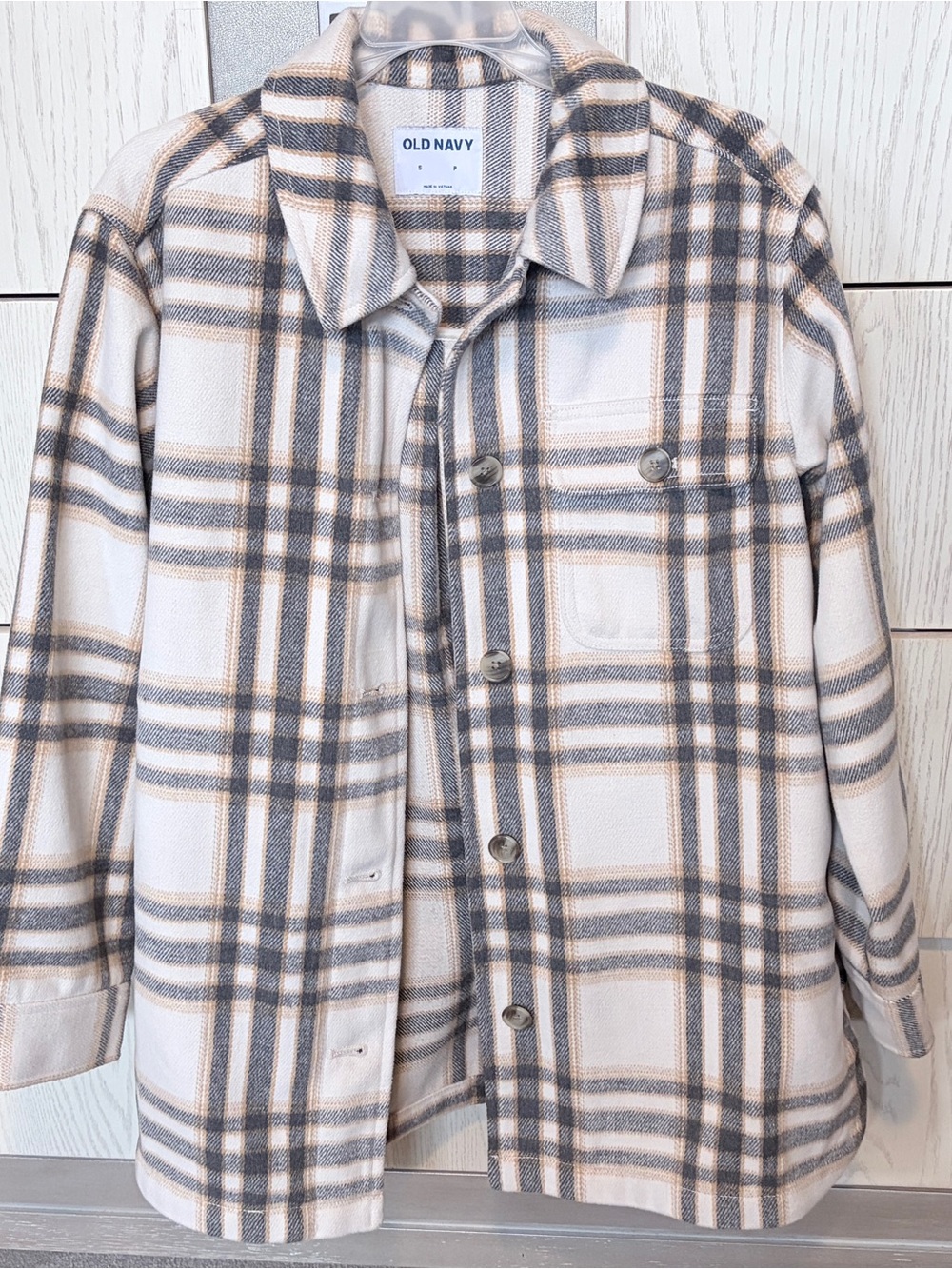 Old Navy Beige and Gray Plaid Button-Front Shirt Jacket